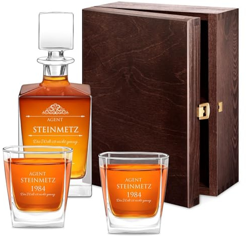 Maverton Whiskey Dekanter 810 ml + 2/4 / 6er Whisky Gläser Set mit Gravur - personalisiertes Whisky Karaffe Set für Männer - Glas Karaffe mit Gläsern für Whiskygenießer - Agent