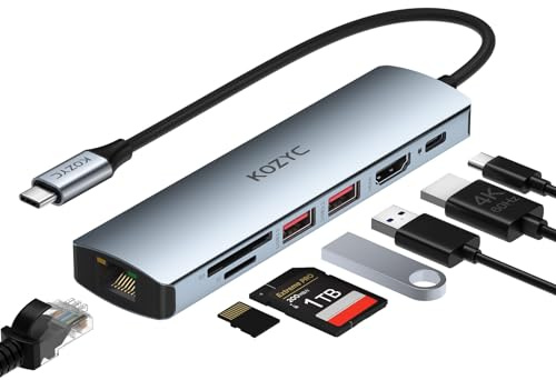 Hub USB C Ethernet 10Gbps, KOZYC 7-in-1 USB C Hub con HDMI 4K@60Hz, 1Gbps Ethernet, 100W PD, 2 USB 3.2 10Gbps, SD/TF Card Slots Port, para MacBook Air/Pro, XPS13/15, DELL