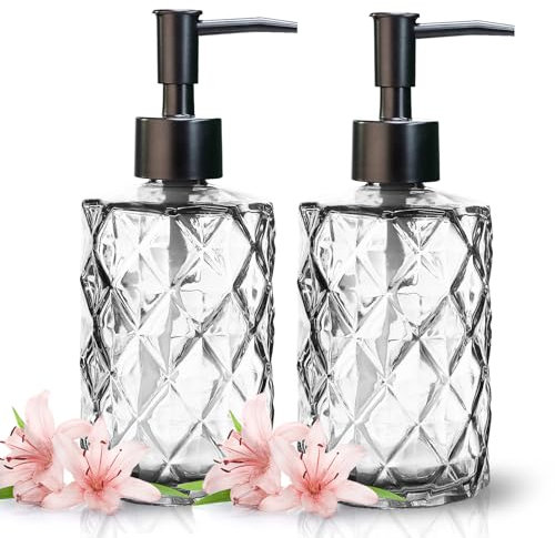 Glass Soap Dispenser 2 Packs, Diamond Pattern Pump Dispenser for Kitchen, Bathroom, Portable Soap Dispenser with Pump for Lotion, Essential Oil 330ml/12oz