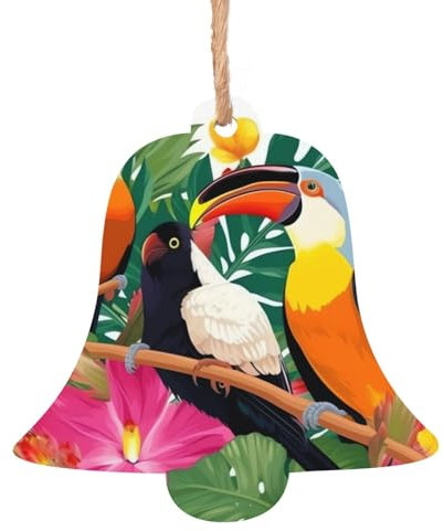 Tropische Vögel und Pflanzenblatt Holz Weihnachtsglocke Form Ornamente Holz Weihnachtsbaum Hängende Dekoration Weihnachtsbaum Ornamente mit Seilen für Weihnachten Urlaub Dekorationen