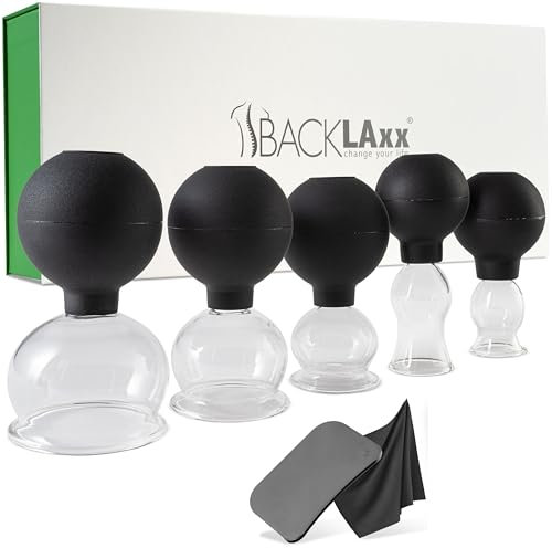 BACKLAXX® Set di Coppettazione in Vetro con Aspirazione in Silicone – 5 Bicchieri per Massaggio Anticellulite e Antirughe – Raschietto per Fasce Incluso – Per Viso, Corpo e Fasce Muscolari