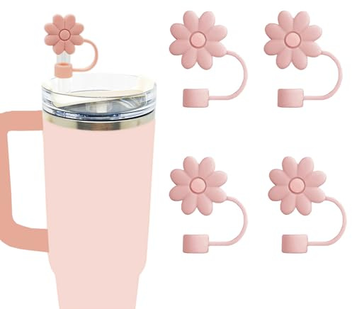 LuniosisL 4 Pack Flower Silicone Toppers,Straw Covers Cap Compatible with Stanley Cup 30 40 oz, Funny Tumbler Straw Topper Accessories for Gift, Pink Straw CoversAccessories