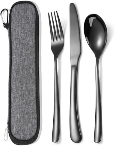 MURRI&MURRDI Stainless Steel Cutlery Set for 1, Reusable Flatware Set with Case, Cutlery Set for Work Stainless Steel Knife Fork Spoon Set 3 Piece (3 Black)