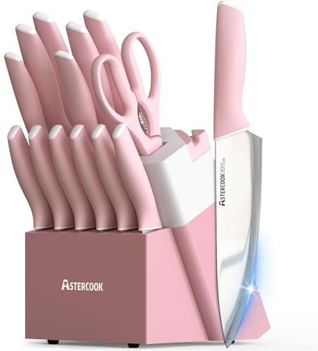 Astercook Knife Set, Kitchen Knives Set with Block and Sharpener 15 Pcs German Stainless Steel Knives Sharp Blade Dishwasher Safe Deba Knives with Ergonomic Handle, Crystal Pink Mothers Day Gifts