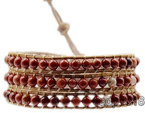 Handgefertigtes Wickelarmband aus echtem Leder mit natürlichen Edelsteinen, 3 Wickeln, roter Jaspis