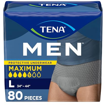 Tena Protective Incontinence Underwear for Men, Maximum, Large, Grey, 80 Count (Waist Size 34in-44in)