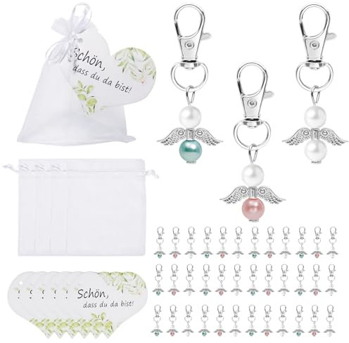 LUBOXIN 36 Sets Schutzengel Anhänger, Gastgeschenke Taufe Schutzengel Schlüsselanhänger mit Schön Dass Du Da Bist Anhänger and Organzasäckchen, Engel Anhänger für Hochzeit Firmung Kommunion Geburtstag