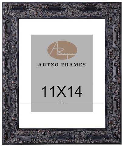 ArtXO Moulding & Frame Baroque 11x14 Photo Frame - 3D Gold Filigree on Rich Black, Museum-Grade Matting for Gallery Display 55