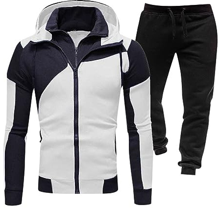 Conjunto de karate para hombre, conjunto de entrenamiento con sudadera camuflaje, jogger, pantalón de yoga, diseño de patchwork sólido, traje deportivo cálido para hombres, Blanco, L