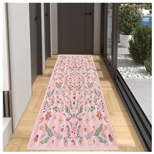 BORKOY Teppich Läufer Flur Lang 60x200cm Rosa rutschfest Waschbar Bettvorleger Vintage Küchenteppich Küchenläufer Flurteppich Teppichmatte Weich Blumenmuster Für Flur Küche Schlafzimmer Büro
