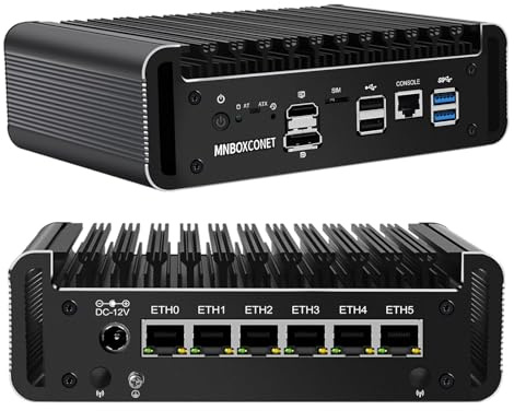 MNBOXCONET Mini PC Firewall Fanless J6413 Micro Application Computer Hardware, 6 x 2.5 GbE LAN, Barebone Dual DDR4 RAM, 7 Pin SATA3.0, HD DP Display, Sim Slot, Console AES-NI
