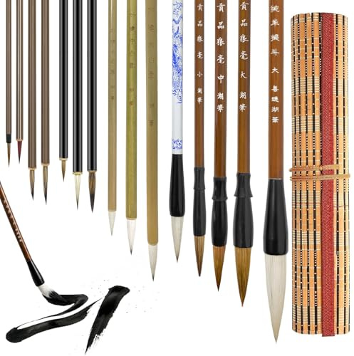 L&W Luck Set di Pennelli per Calligrafia Cinese, Dimensioni Miste, Pennelli Giapponesi Kanji Sumi per Pittura,Con Sacchetto per Spazzole (15)