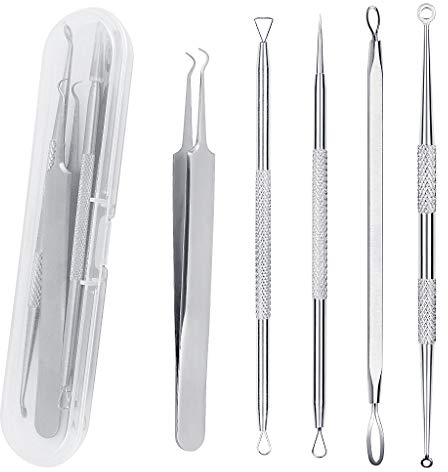 5PCS Blackhead Remover Tool Set Acne Extractor Comedone Pimples Spot and Zit Removal Tool With Case (Silver)