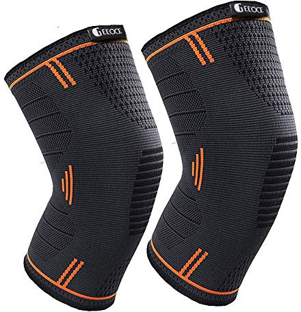 Geeoce Kniebandage Kompression Knieschoner für Männer/Damen, Knieorthese Elastische Sport Knieschützer für Meniskusriss, Arthritis, Gelenkkrankheiten, Wandern, Laufen, Crossfit [2 Pack] (Orange, M)