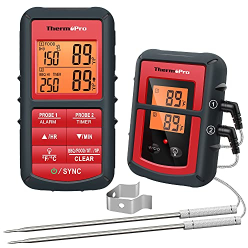 ThermoPro TP08C digitales Küchenthermometer Funk Fleischthermometer mit 2 Fühlern Kochthermometer Ofenthermometer Küchenuhr für BBQ Kochen Grill Ofen