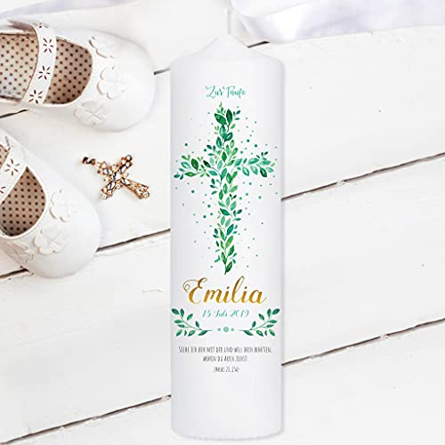 Cierge de baptême pour garçon et fille - Croix en feuilles - Bougie blanche - Pour baptême, naissance et communion - Blanc - 25 x 7 cm - Avec nom, date - 25 x 7 cm - Avec texte personnalisé