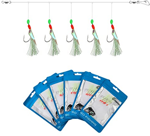 Luroad 6pcs Sea Fishing Rigs 30 Hooks, Pre Tied Mackerel Feathers Rigs with Luminous Beads Bionic Flying Insects Lure Rigs for Mackerel, Pollock, Cod, Herring, Bass
