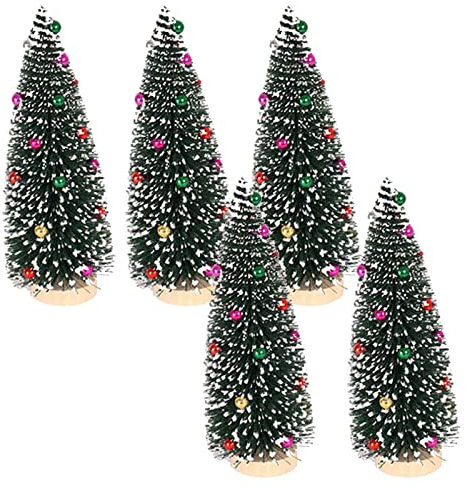 0℃ Outdoor 5 Stück Miniatur Künstlicher Weihnachtsbaum mit Beleuchtet Klein Grün Weihnachts Baum Schnee mit Holzsockel Weihnachtsdeko für Tischdeko, DIY, Schaufenster, Geschenk,25CM