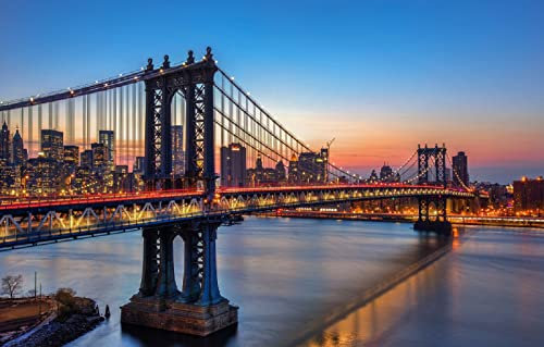 LHJOYSP Puzzle Erwachsene 1000 Teile Stadthimmel Sonnenuntergang beleuchtet New York Manhattan Bridge USA 75x50cm