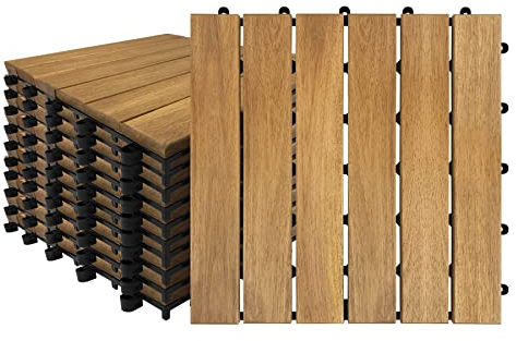 Froadp Holzfliesen aus Akazien Holz 30x30 cm Terrassenfliesen Bodenbelag Holzboden Klicksystem 5 m² Holzfliesen Balkonfliesen Klickfliesen für Terrasse Balkon Garten Patio, 55 Stück (Type A)