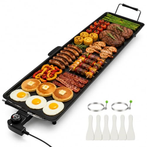 DORTALA Parrilla eléctrica Teppanyaki, antiadherente, placa de cocción extra grande para panqueques para interior y exterior, parrilla de mesa con temperatura ajustable y bandeja de goteo