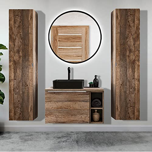 Lomadox Set di mobili da bagno, in rovere vintage, 80 cm, con lavabo in ceramica, scaffale, specchio LED con funzione touch, 2 armadi alti