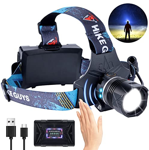 LED Rechargeable Headlamp, Headlight 1500 Lumens Super Bright with 6 Modes & IPX5 Warning Light, Motion Sensor Adjustable Headband Head Lamp, 60° Adjustable for Adult Outdoor Camping Running Cycling