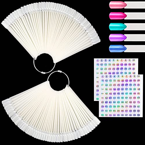 100 Pezzi Espositore Unghie Display, Strumenti per Esposizione di Smalto per Unghie Naturale, con 2 Pezzi 1-100 Adesivi Numerici, Espositore a Ventaglio Falso Nail con Anello