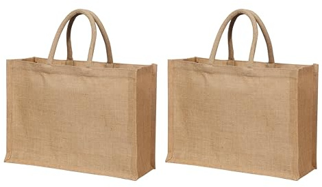 2 Pcs Burlap Tote Bags with Handles, Large 15.8x11.9x5.9, Reusable Jute Tote Bridesmaid Gift Bags for Beach, Shopping, Weddings & DIY Crafts by Yogi’s Gift®