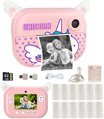 SEELAUGH- Cámara de impresión instantánea para niños con 12 rollos de papel de recarga, cámara digital para niñas, regalos de cumpleaños de Navidad, cámara instantánea rosa para niños pequeños, cámara
