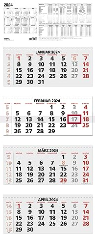 4-Monatskalender rot 2024 - 33,5x87,5 - mit Kopftafel - Datumsschieber - faltbar - 964-0011