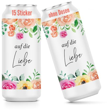 heaven+paper Prosecco Dosen Aufkleber JGA Rosen Auf die Liebe Deko jga Accessories & Hochzeit Deko außergewöhnlich (15x Set) für alle üblichen Sektdosen - Prosecco Dosen Sticker selbstklebend