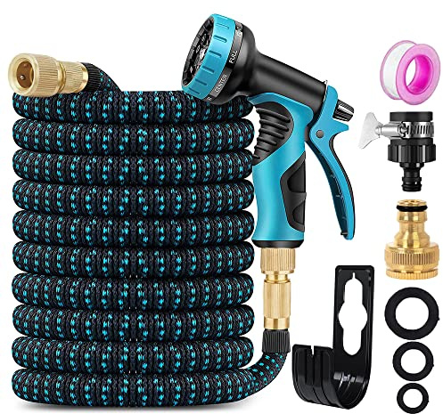 ZhiheHui Garden Hose 50FT Garden Retractable Hose w/ 3/4''，1/2 Fitting & 16mm Universal Adapter Garden Hose w/ 10 Patterns of Water Spray Guns Garden Watering Car Washing Pet Bathing etc.，Blue 50ft
