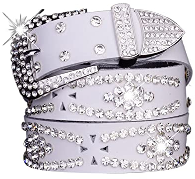 JIARY Diamant Persönlichkeit Breiter GürtelStrass Nietengürtel für Frauen, Western Ledergürtel für Cowgirl Cowboy Vintage Gürtel für Hosen Kleid,Weiß,120CM/47.3''