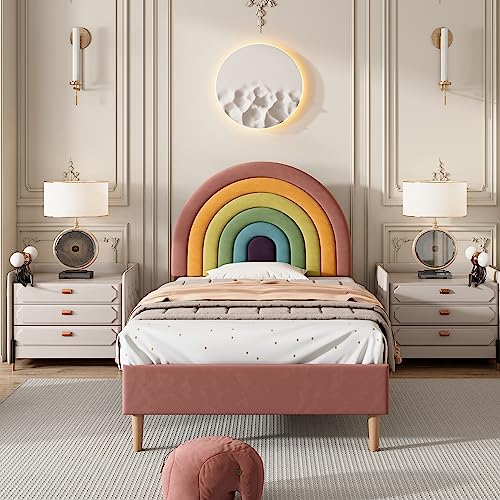 ZYLOYAL10 Polsterbett mit Lattenrost und Kopfteil, Jugendbett, für Erwachsene & Jugendliche, Holzlattenunterstützung, Einfache Montage, höhenverstellbares Kopfteil, Samt (Rosa, 90 * 200 cm)
