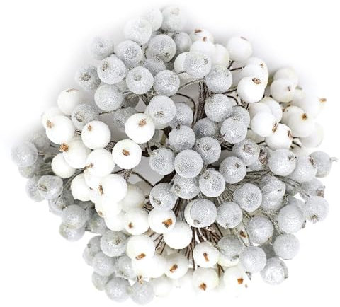 TATAFUN 240 Pieces Christmas Artificial Silver Berries Stems, Mini Frosted Berry Artificial Frosted Holly Berries for Christmas Tree Decoration Wreath Garland Making (White and Silver)