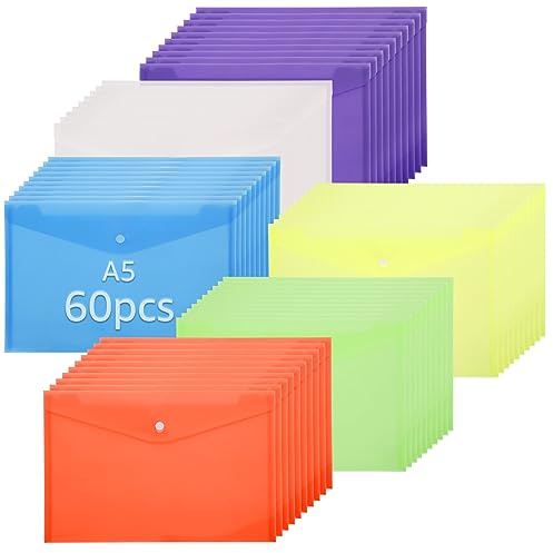 VIDETOL 60 Stück Dokumentenmappe A5 mit Druckknopf, 6 Farben Dokumententasche A5 Dokumentenordner für Papier, Quittungen, Dokumente