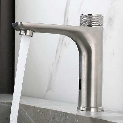 XJTNLB Wasserhahn mit Sensor Batterie Infrarot Sensor Wasserhahn mit Einstellbarem Temperaturbegrenzer Mischbatterie Waschbecken aus Edelstahl,Gebürstetes