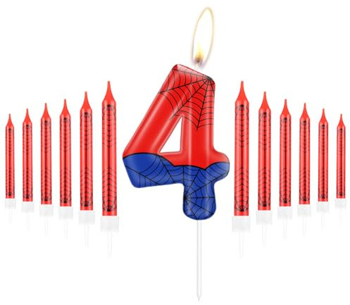 Personalisiertes Happy 4th Birthday Kuchen Kerzen Set, Blau Rot Kerzen mit Spinnennetz, Spinne Nummer 4 Kerzen Kuchen Topper, Spinne Thema Party Kerzen für Jungen Mädchen 4. Geburtstag