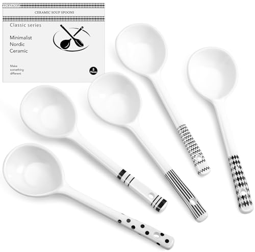 Ycxvacop 5 cucharas de cerámica, cuchara de sopa asiática, cucharas de ramen, cucharas de sopa japonesas, cucharas de sopa grandes de cerámica, cucharas de sopa chinas para pho, wonton, albóndigas,