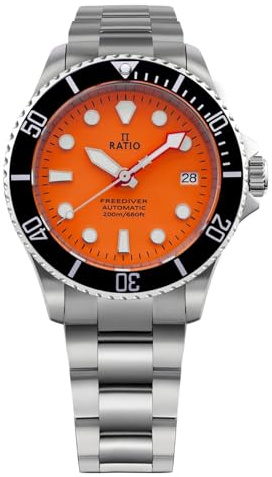 RATIO FreeDiver, reloj sumergible con cristal de zafiro, movimiento automático japonés, reloj sumergible resistente al agua hasta 200 m, naranja., 40.00 mm