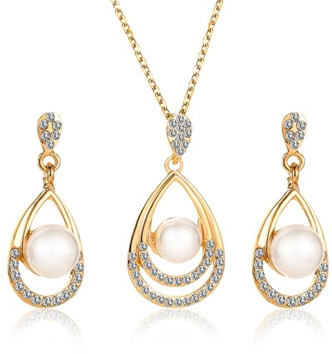 Copbopwn Necklace and Earring Sets for Women Pearl Necklace and Earrings Set Gold Jewellery Set Teardrop Zirconia Rhinestone Drop Earrings Necklace Pearl jewellery Sets for Women Brides (gold)