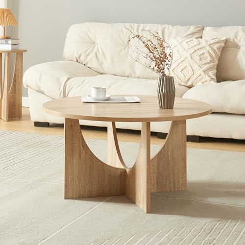 [en.casa] Mesa de Centro Rindal con Tablero Circular Mesa Auxiliar para el Salón Mesa de Café con Base Decorativa Aglomerado 80 x 41,5 cm - Efecto Roble