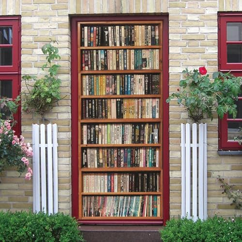 Türtapete Selbstklebend 77x200 cm Türfolie Selbstklebend Buch Türaufkleber Türposter Bücherregal Aus Holz Türsticker Fototapete 3D Effekt für Schlafzimmer Wohnzimmer Küche A5943