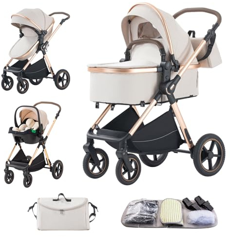 BEBBY Multifunzionale Carrozzina Passeggino Trio Combinazione Passeggino 3 in 1 Passeggino Ovetto Pieghevole Set Passeggino Neonato Sedili,Da neonato a 22KG (G- D2-RICEWHITE, H2-D)