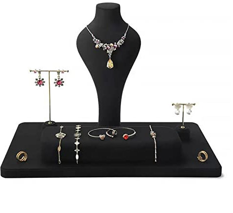 Schmuckhalter 5-teiliges Kombinationsbüstenset aus schwarzem Samt zur Präsentation von Schmuck, Halskette, Armband, Ohrring, Anhängern und Ring for den Einzelhandel, Juweliergeschäft und Zuhause Schmu