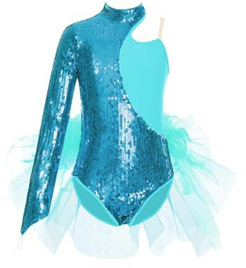 Miaeowve Kinder Turnanzug Mädchen Langarm Ballettanzug Pailletten Glitzer Tanzbody Mesh Tüll Patchwork Trikot Wettbewerb Performance Bekleidung Blau Grün 146-152