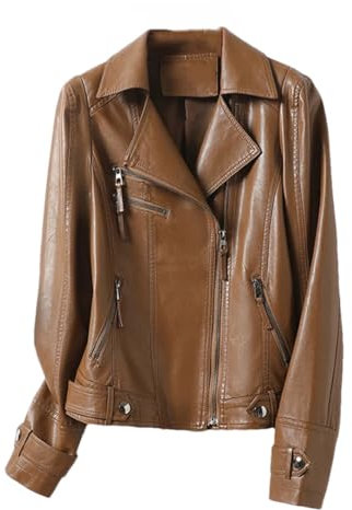 Damen-Jacke aus Schaffell, Vintage-Stil, Reißverschluss, Reverskragen, schmale Jacke, braun, XXL