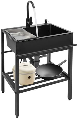 Freistehende Edelstahl Spültisch Waschküchenspüle Spülbecken Küchenspüle mit 360° Drehbare Wasserhahn und Seifenspenders, Abtropfkorb, für Küche, Schwarz, 60 x 45 x 86 cm