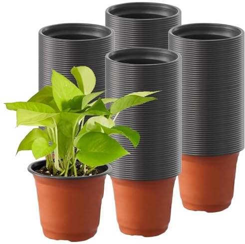 CHUIFAI Lot de 200 Pots de Culture en Plastique 10 cm - Pots Ronds pour semis et Plantation - Godets de rempotage Terre Cuite avec Trous de Drainage